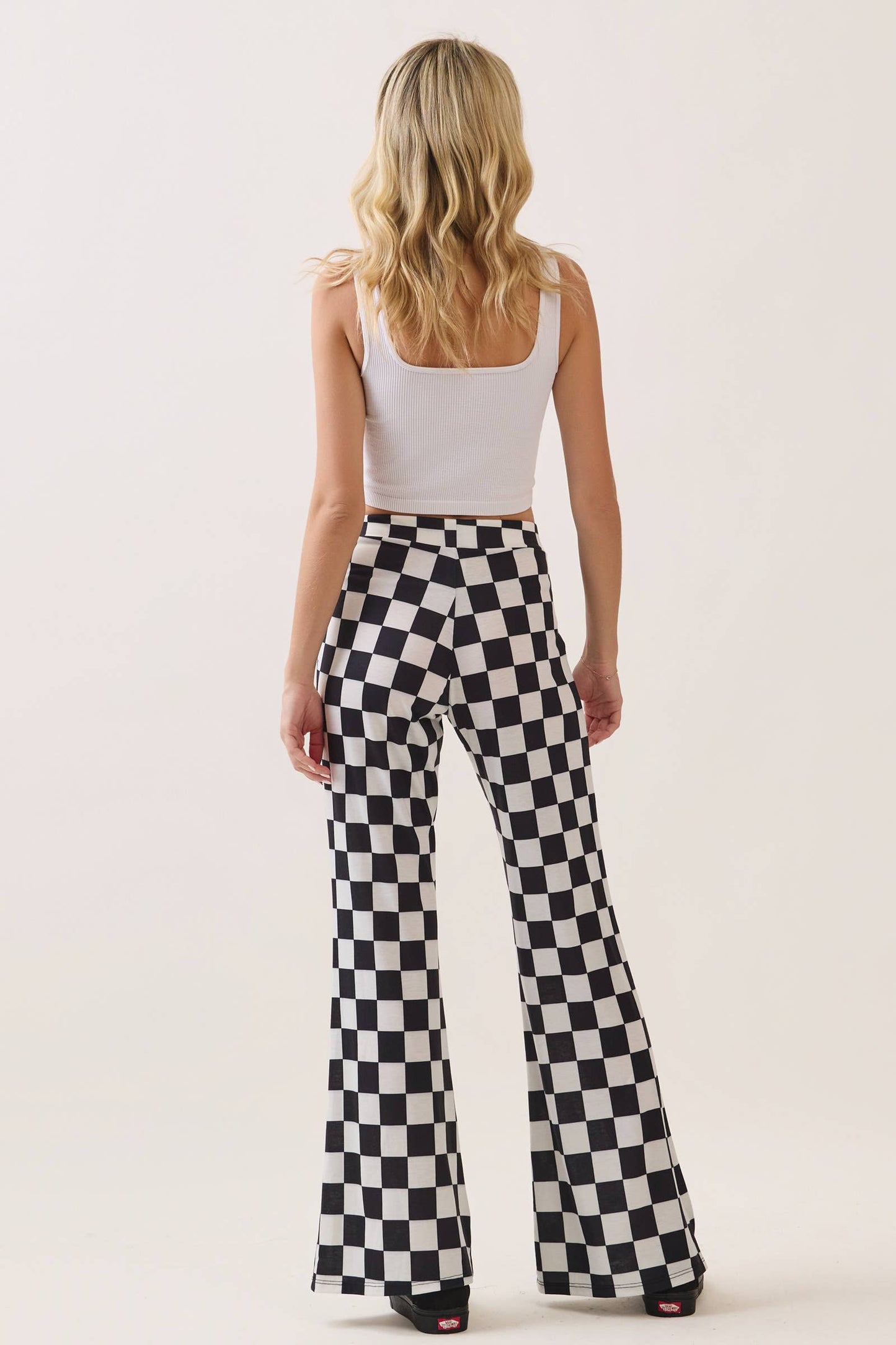 White and Black Checkered Flared Pants