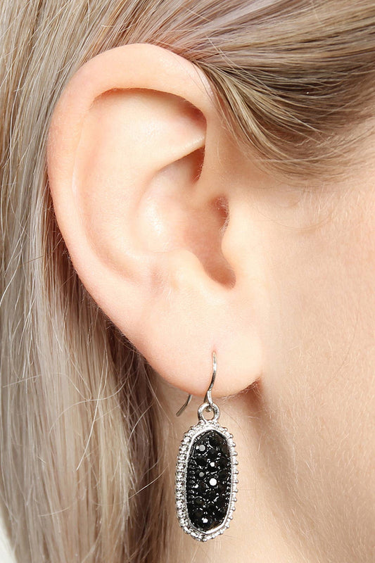 Silver Black Oval Druzy Earrings