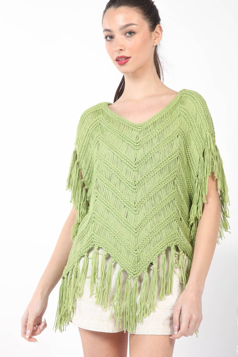 12W3006N-Fringe Detail Oversized Sweater Top