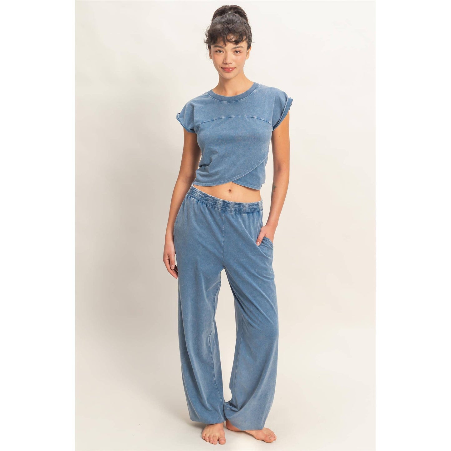 Rolled Sleeve Wrap-Front Crop Top And Jogger Set