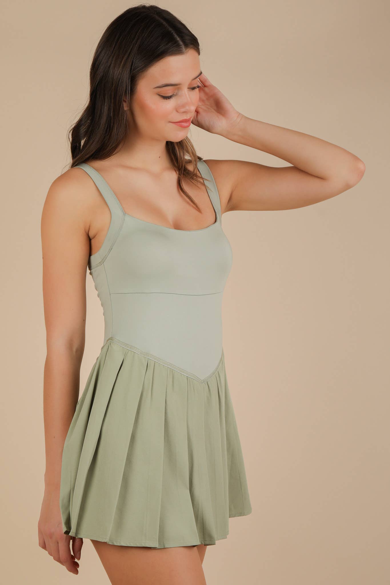 Sage Pleated Skirt Activewear Dress with Shorts