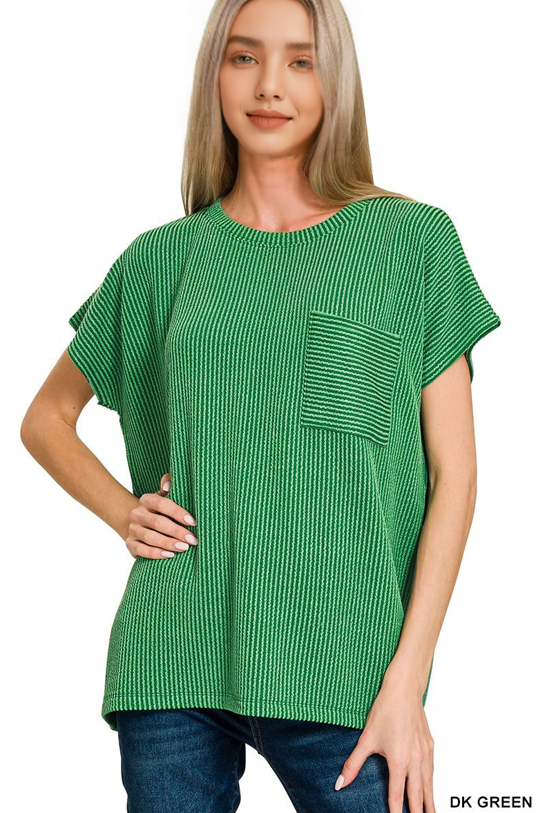 `Raised Rib Front Pocket Boxy Top Zenana
