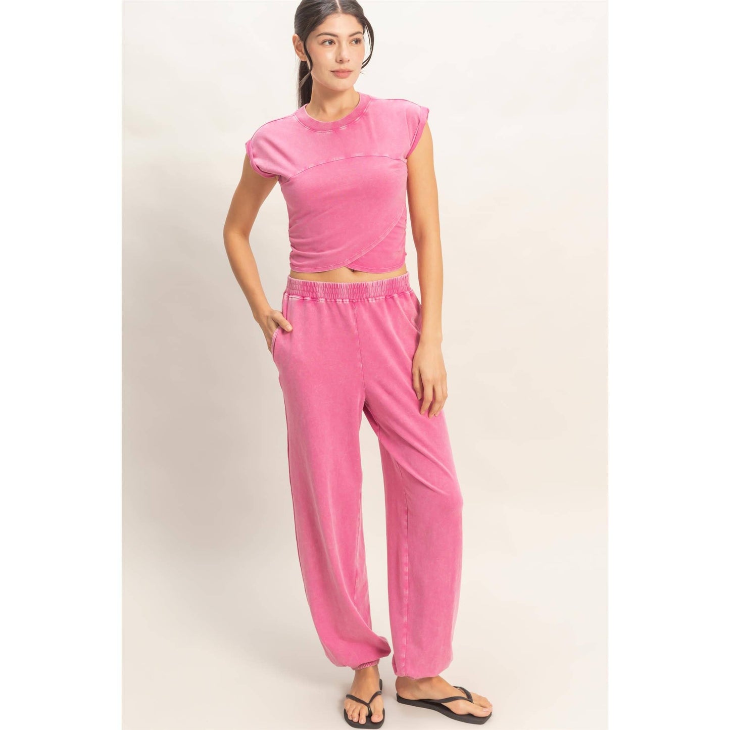 Rolled Sleeve Wrap-Front Crop Top And Jogger Set