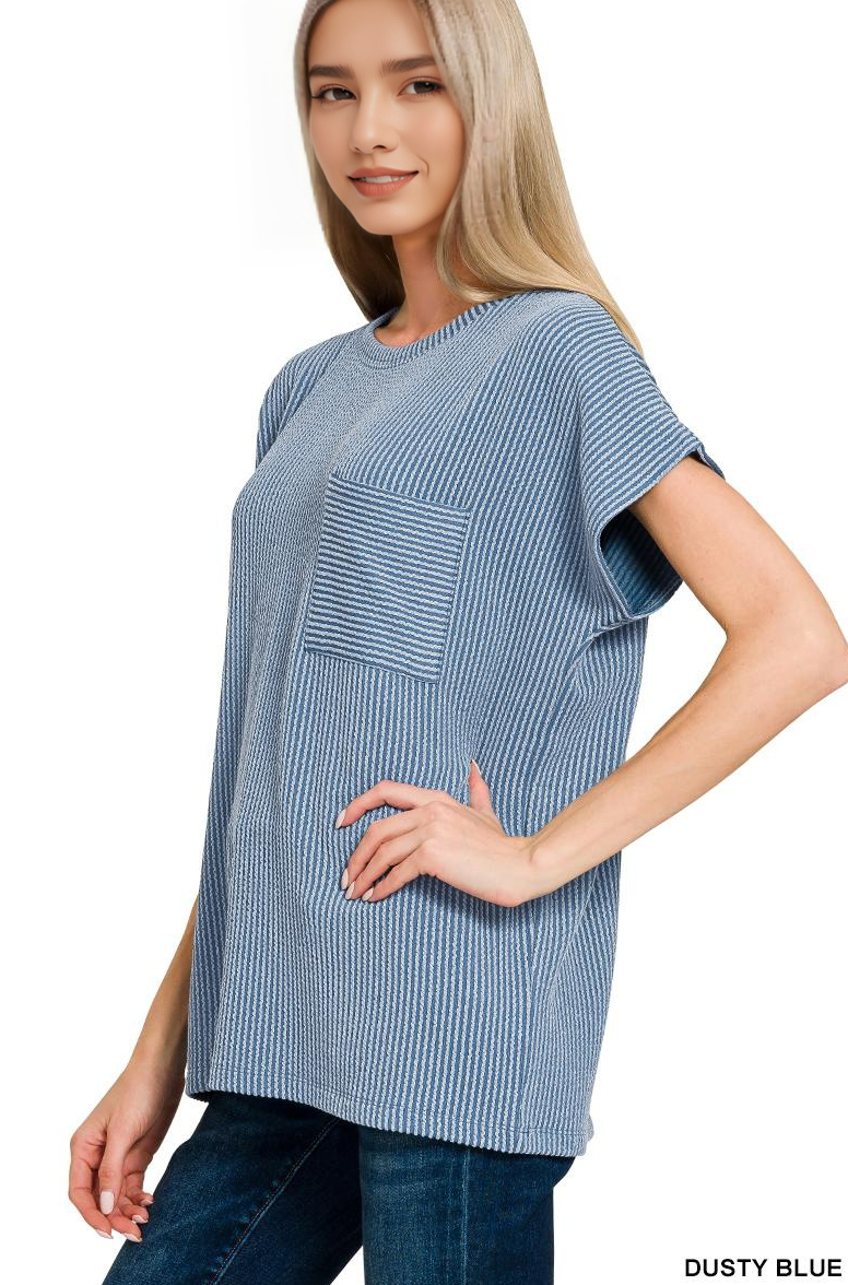 `Raised Rib Front Pocket Boxy Top Zenana