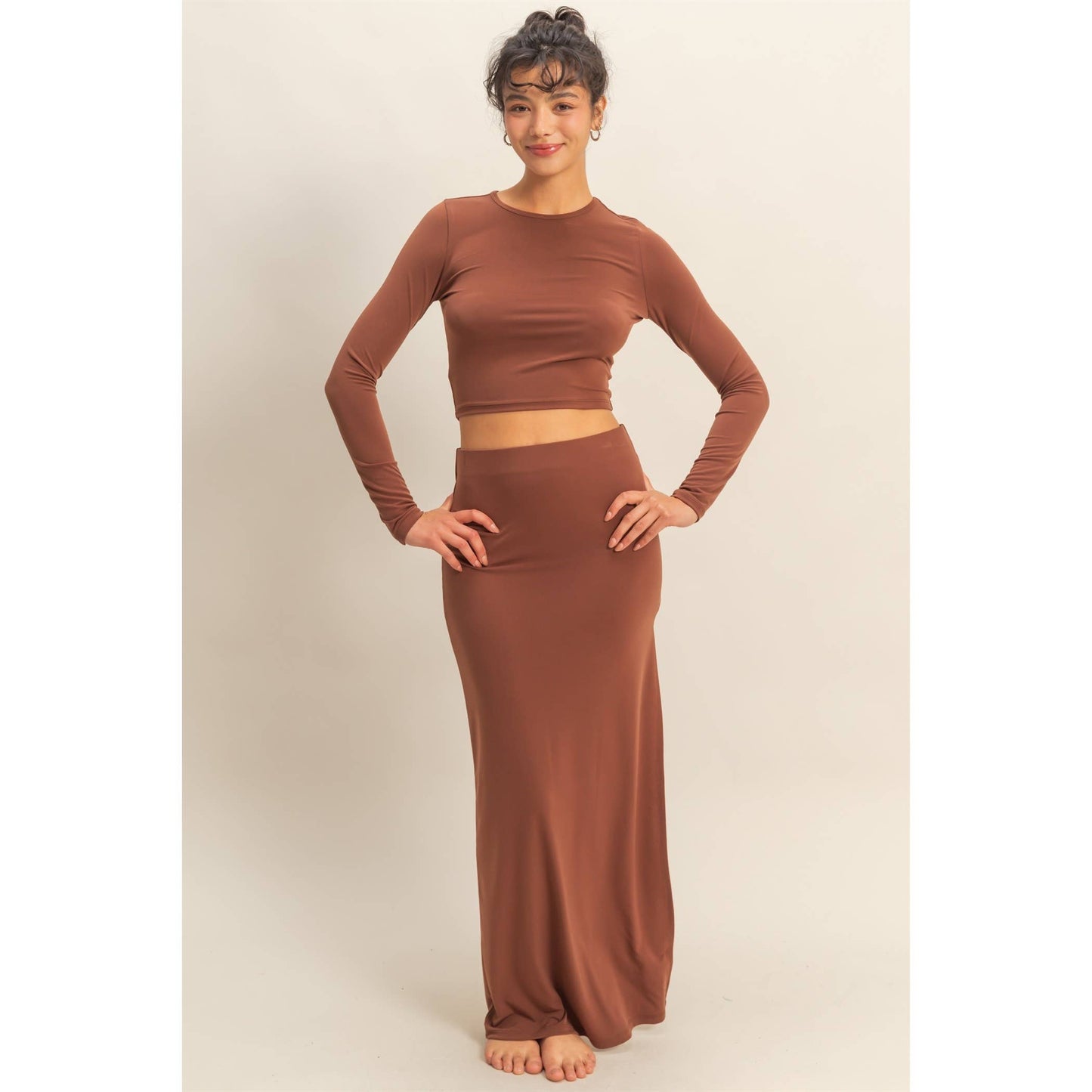 Long Sleeve Crop Top And High Slit Maxi Skirt Set