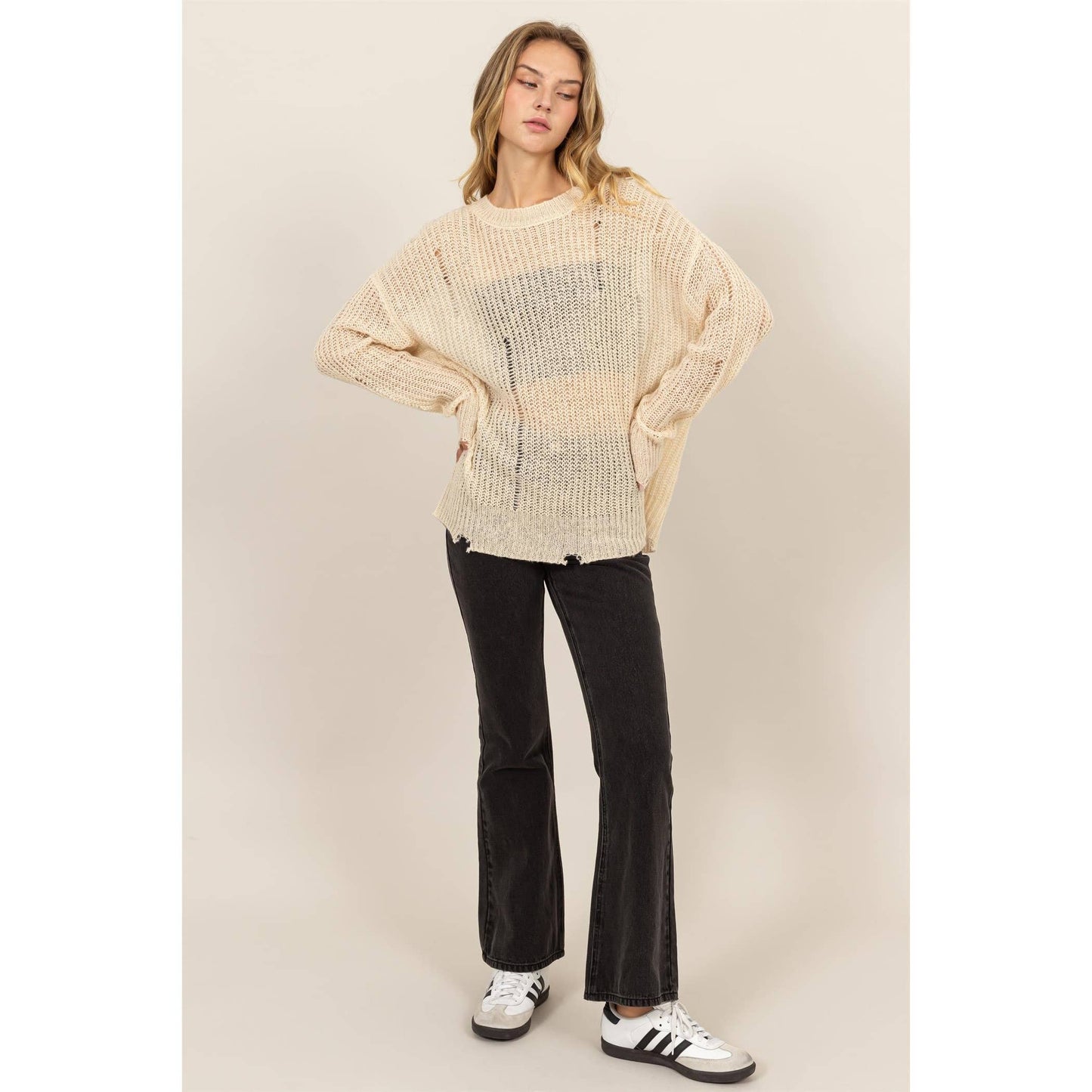 Beige Distressed Knit Sweater
