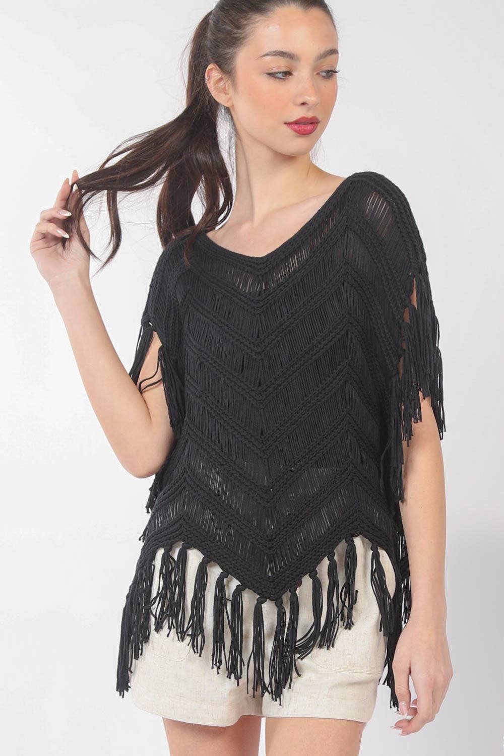 12W3006N-Fringe Detail Oversized Sweater Top