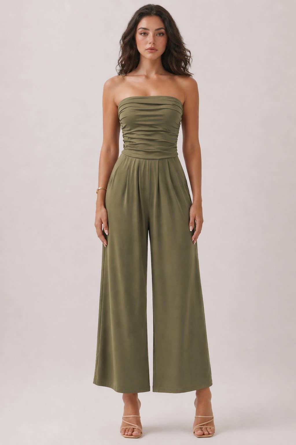 JR16435F - TUBE TOP W/SHIRRING PALAZZO ROMPER