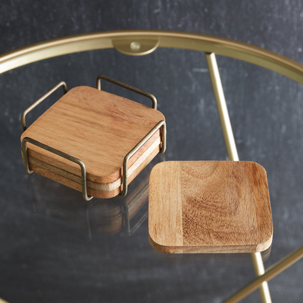 Wood Coaster With Metal Caddy