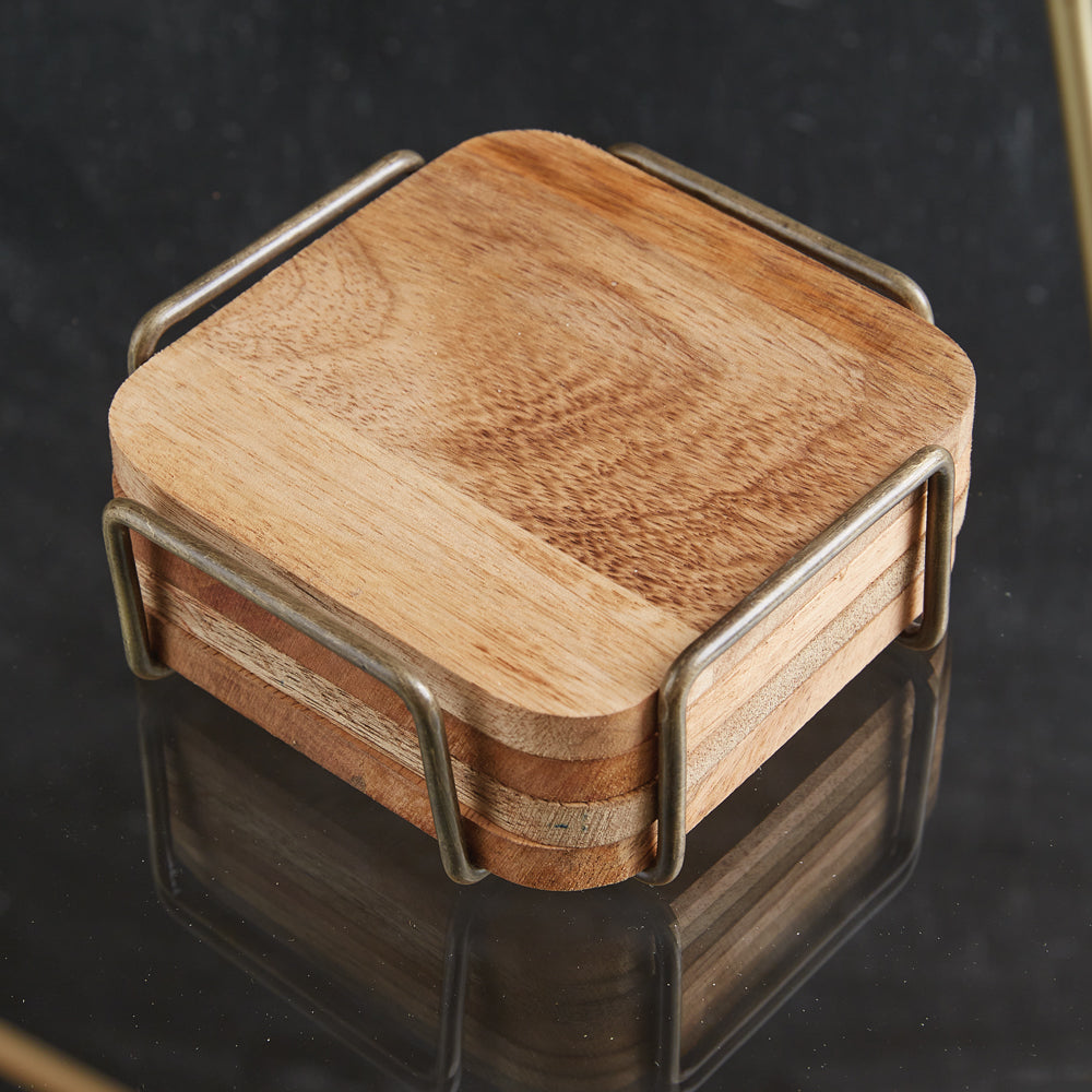 Wood Coaster With Metal Caddy