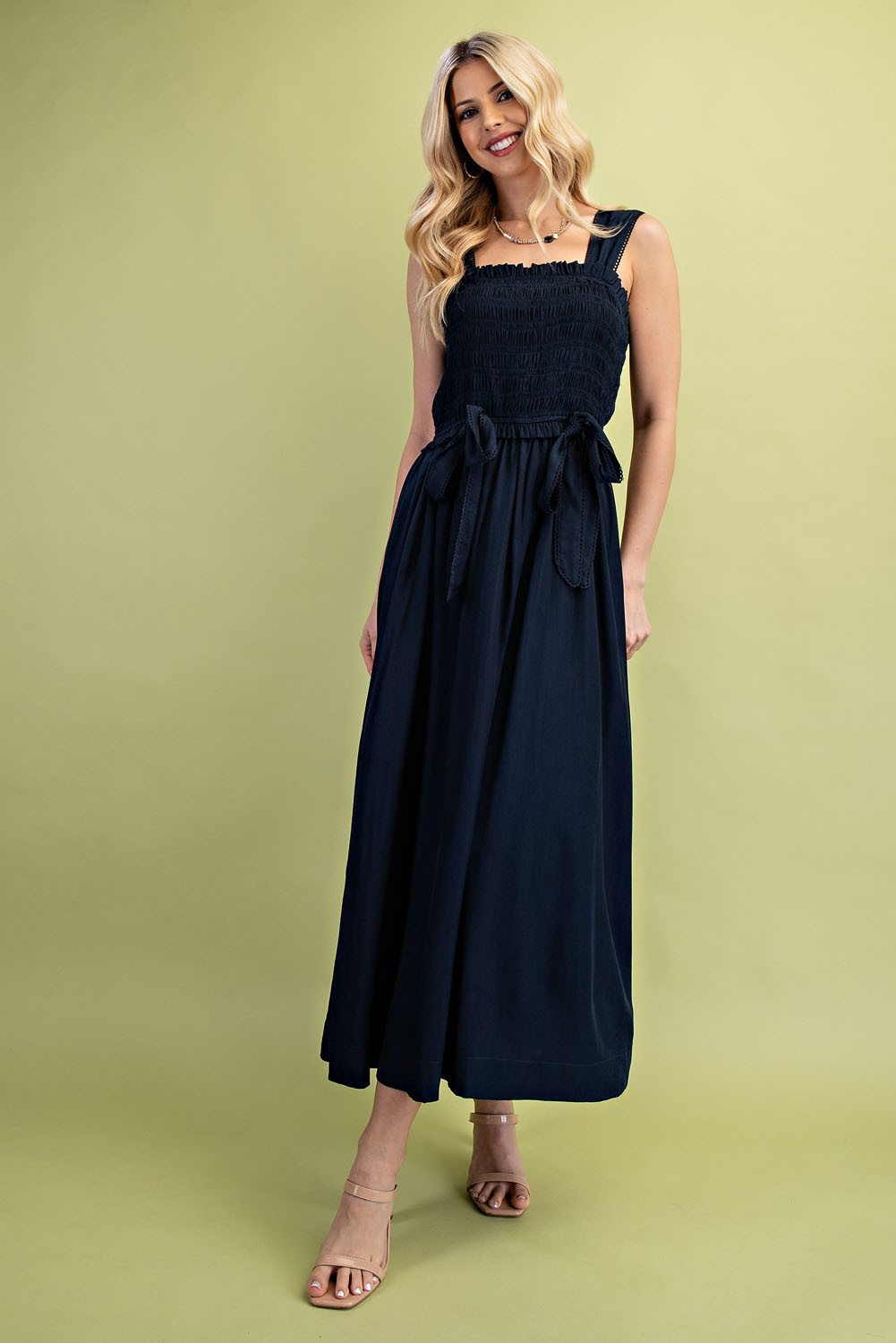 Navy Smocked Midi Dress