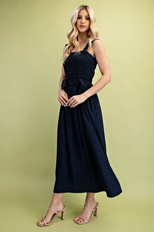 Navy Smocked Midi Dress
