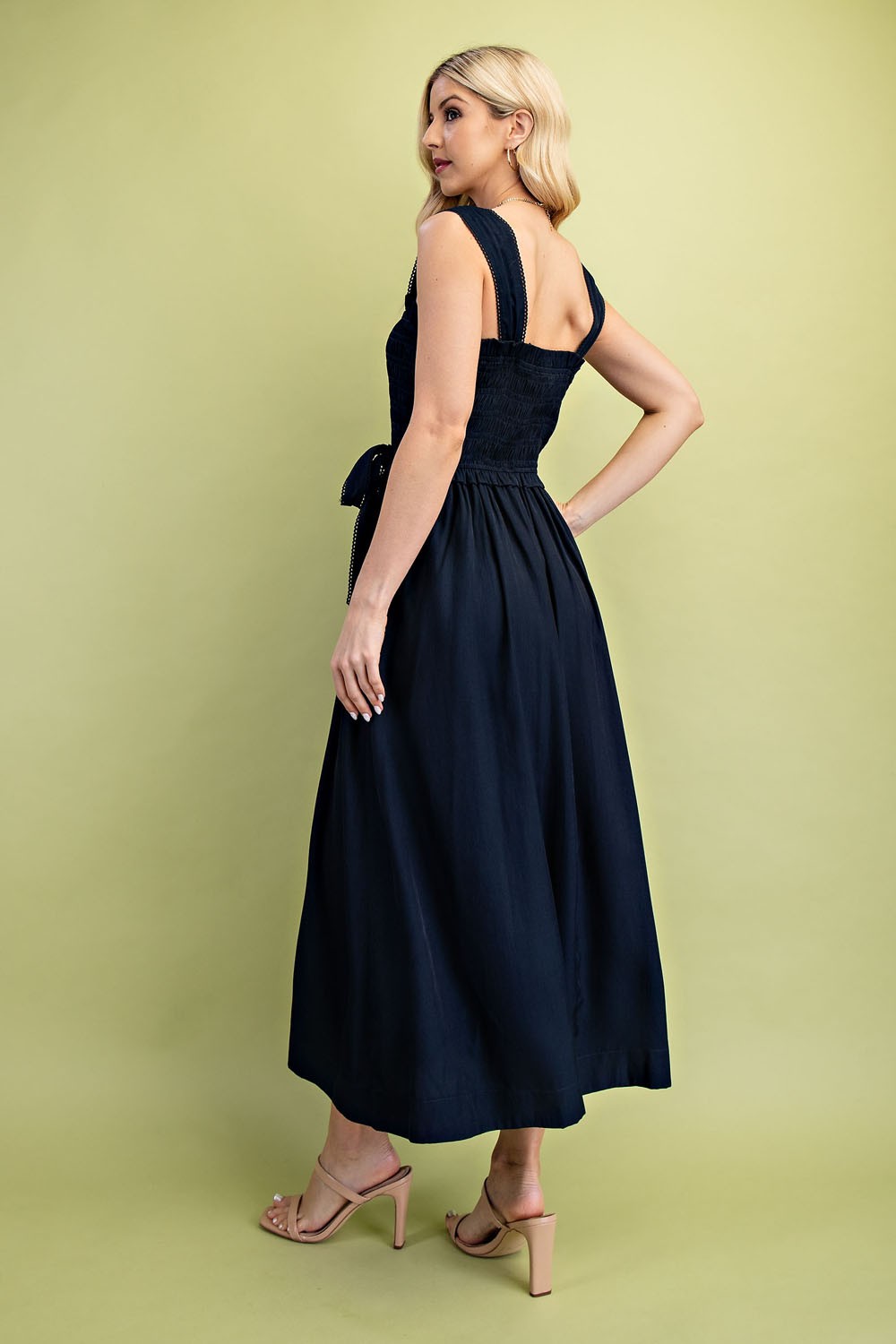 Navy Smocked Midi Dress