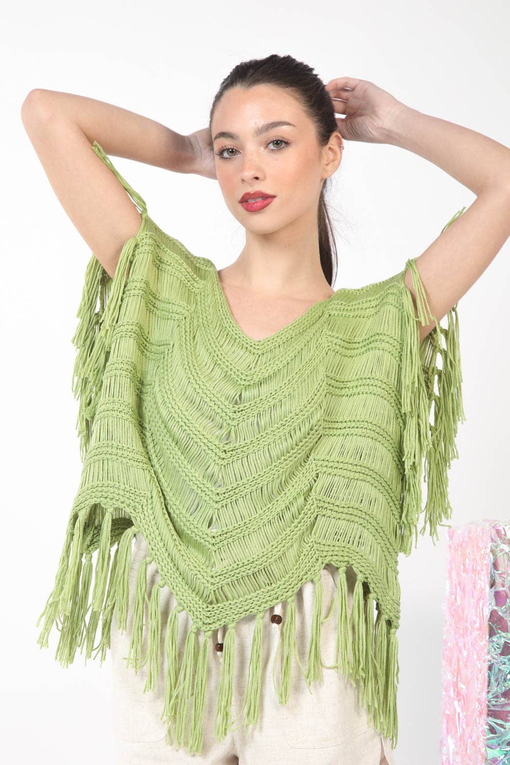 12W3006N-Fringe Detail Oversized Sweater Top