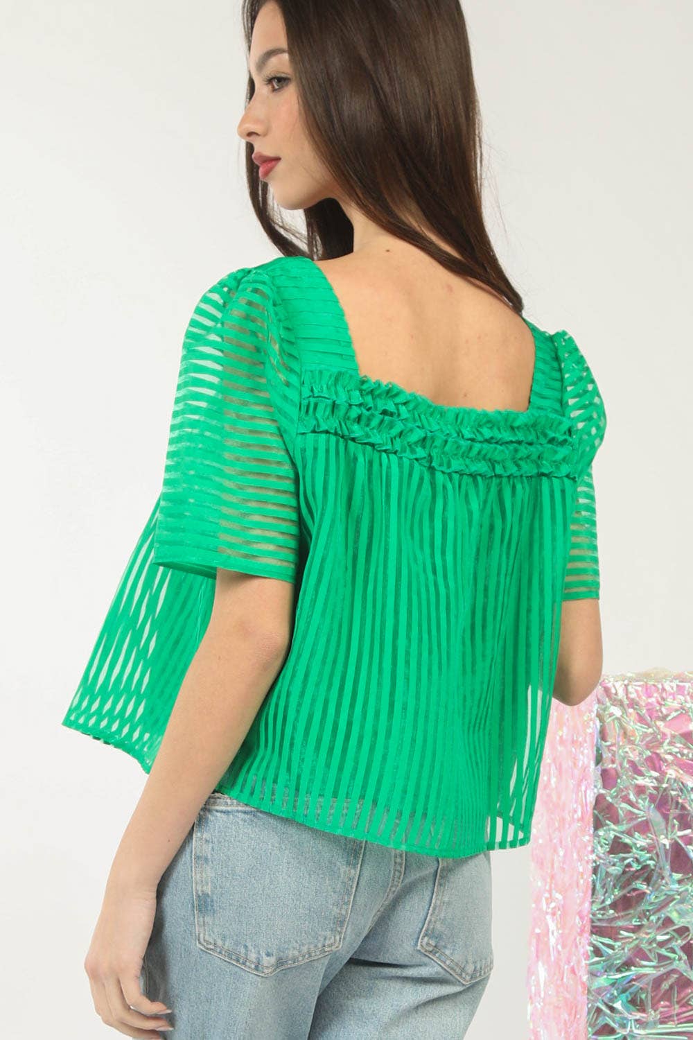 Puff Sleeve Organza Stripe Sheer Blouse Top