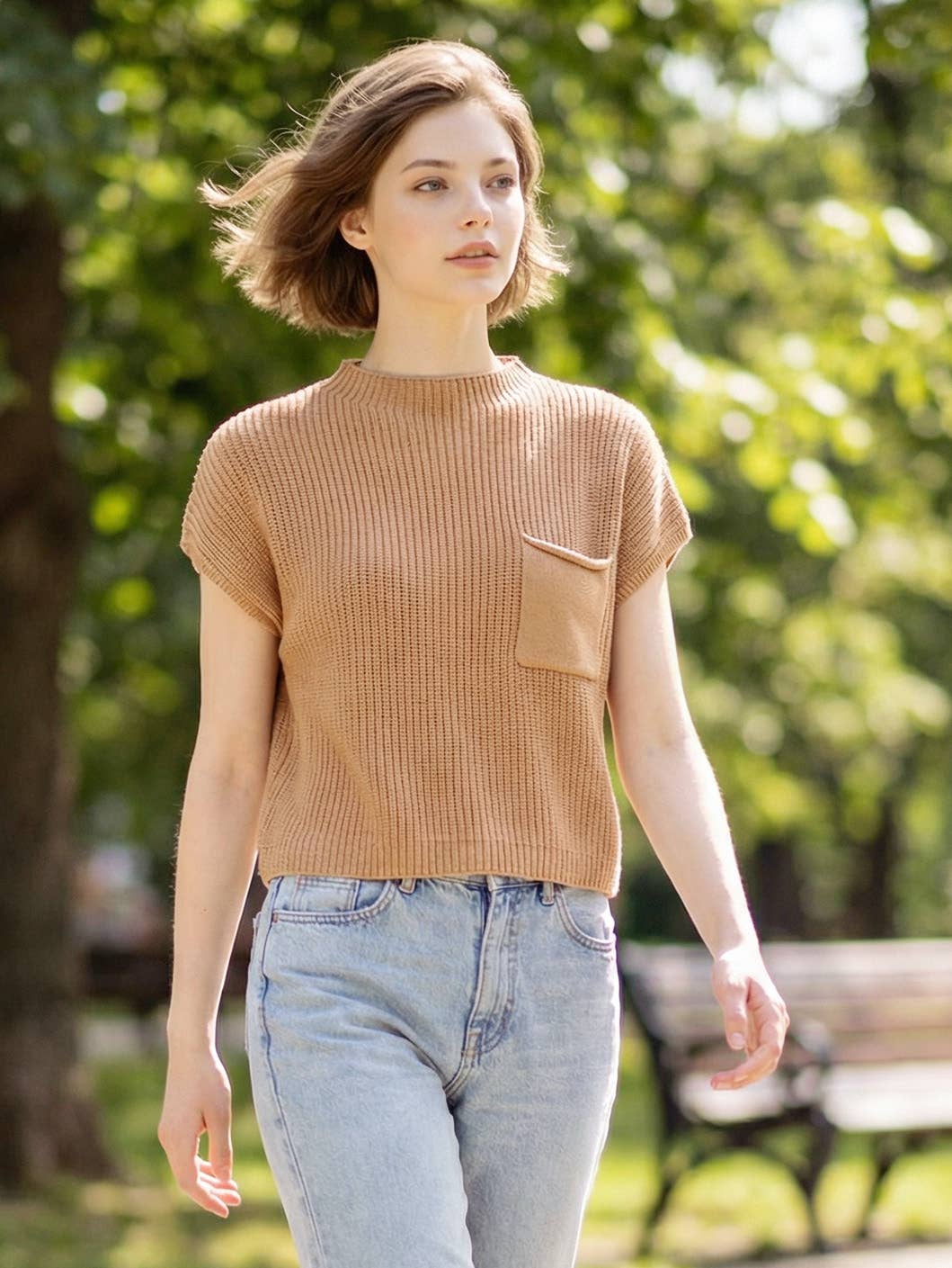 `Mock Neck Short Sleeve Sweater - Zenana: ASH JADE-166285 / S