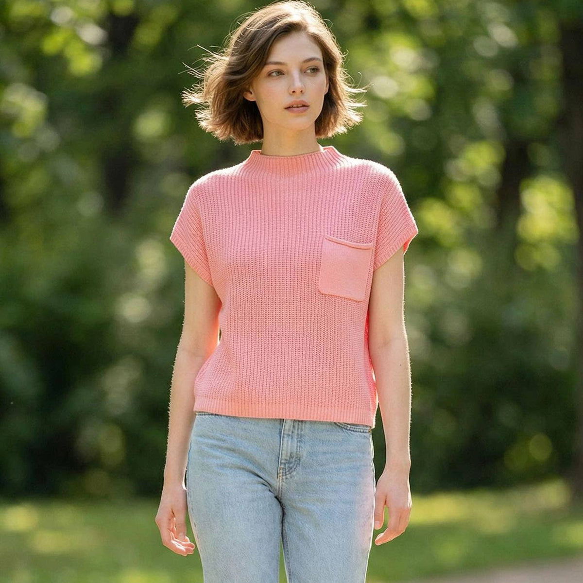 `Mock Neck Short Sleeve Sweater - Zenana: ASH JADE-166285 / L