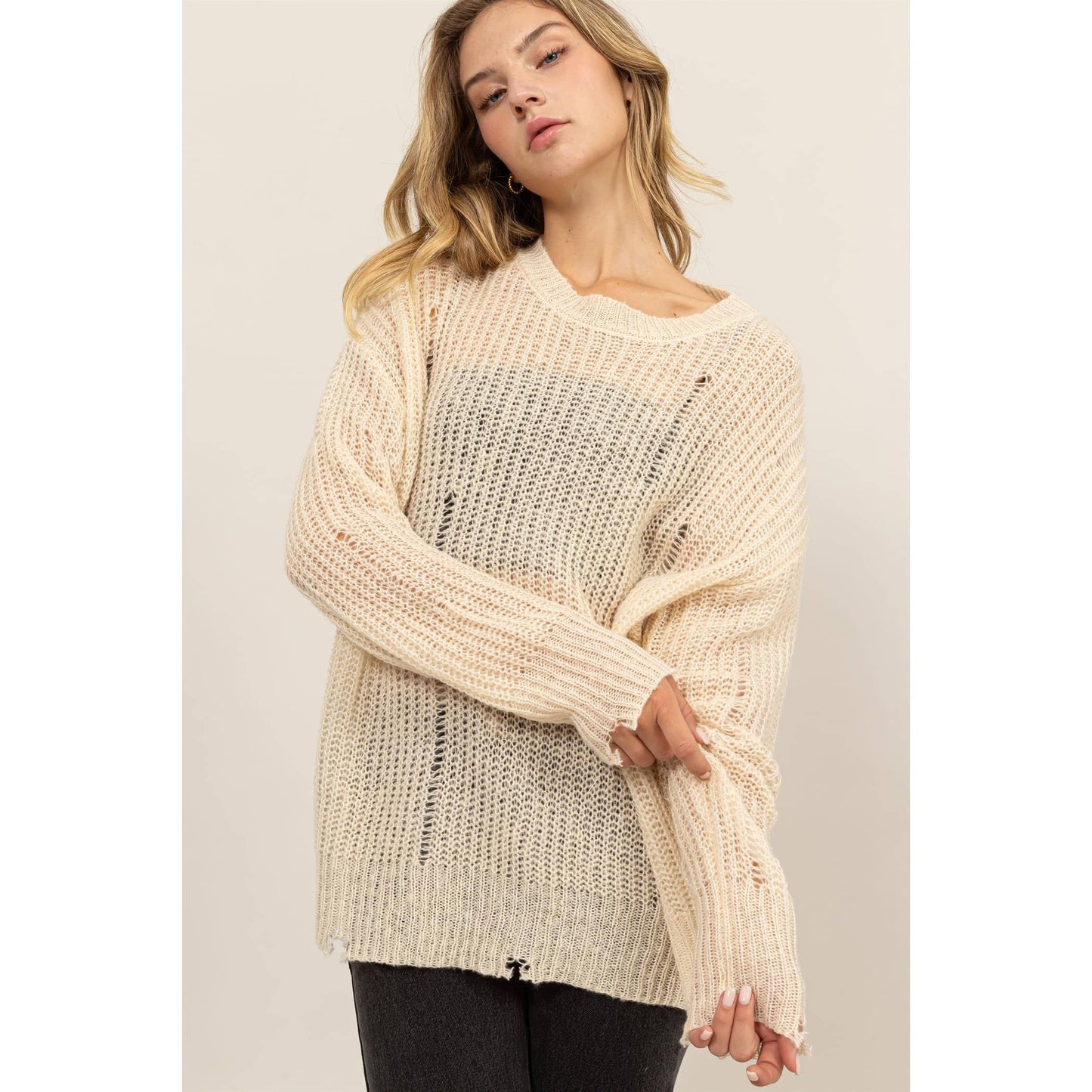 Beige Distressed Knit Sweater