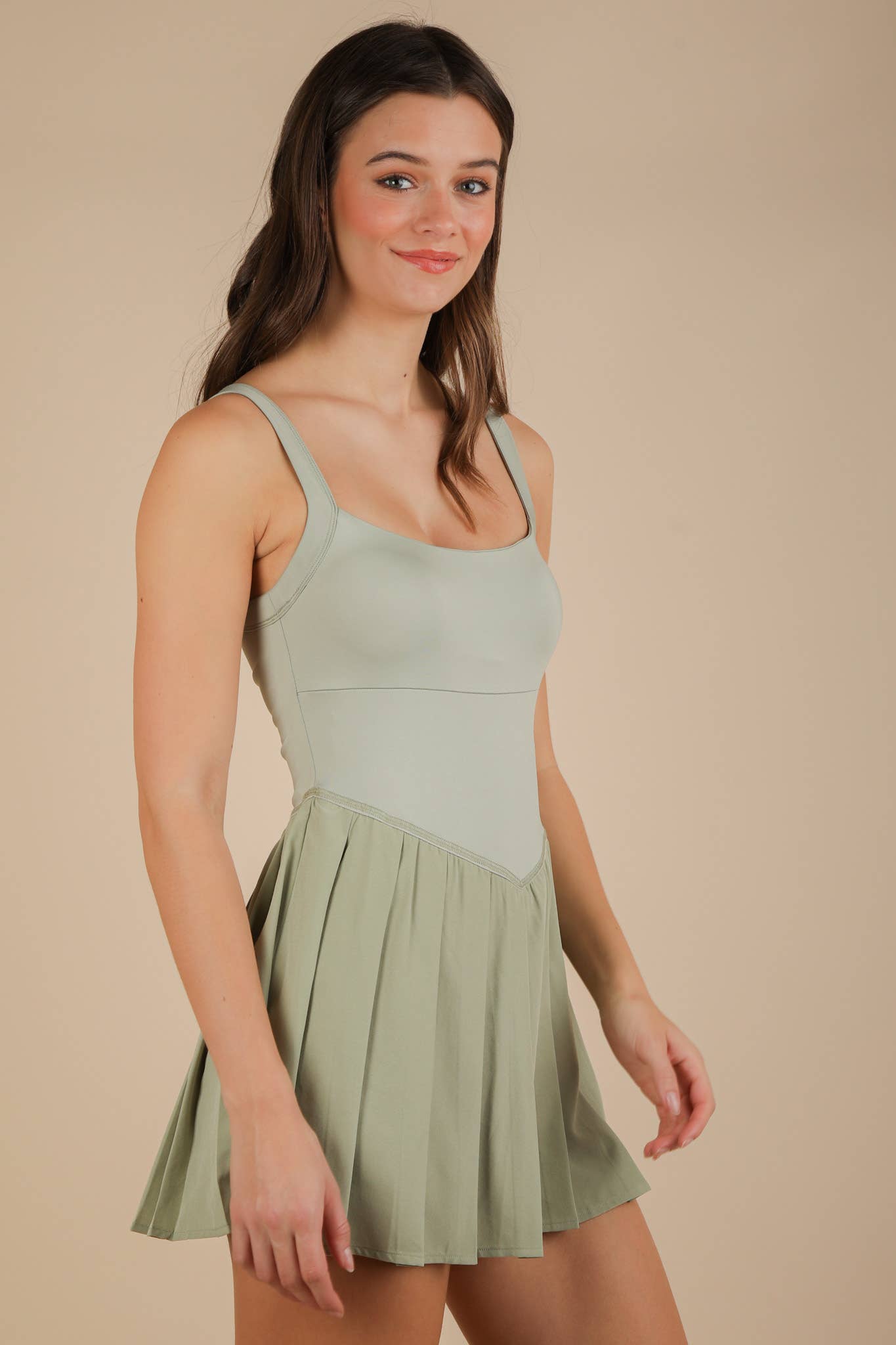 Sage Pleated Skirt Activewear Dress with Shorts