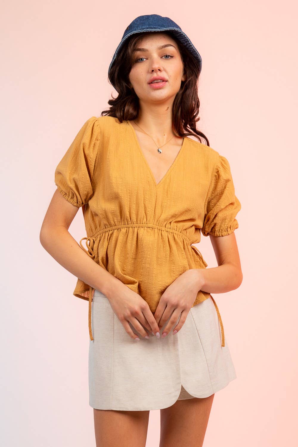 Crinkled V Neck Peplum Blouse