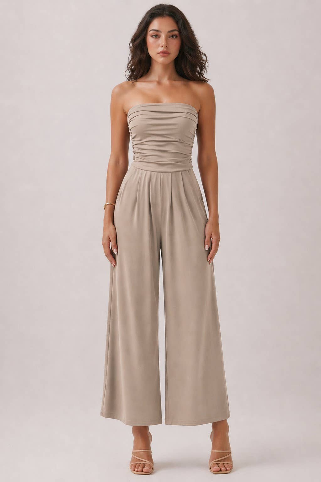 JR16435F - TUBE TOP W/SHIRRING PALAZZO ROMPER