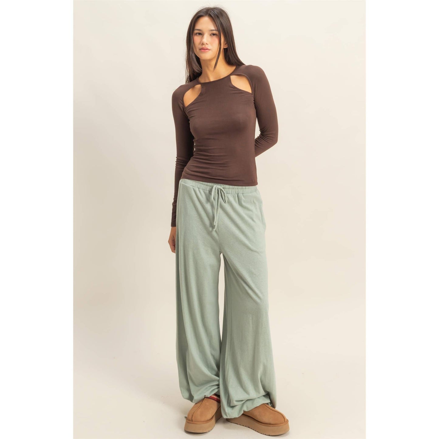 Dark Chocolate Cutout Long Sleeve Top