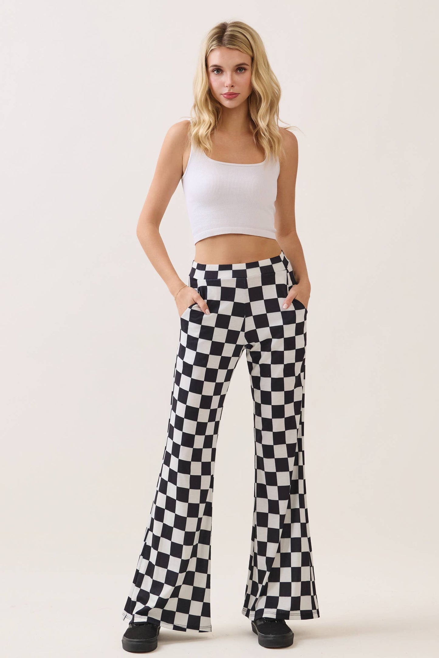White and Black Checkered Flared Pants