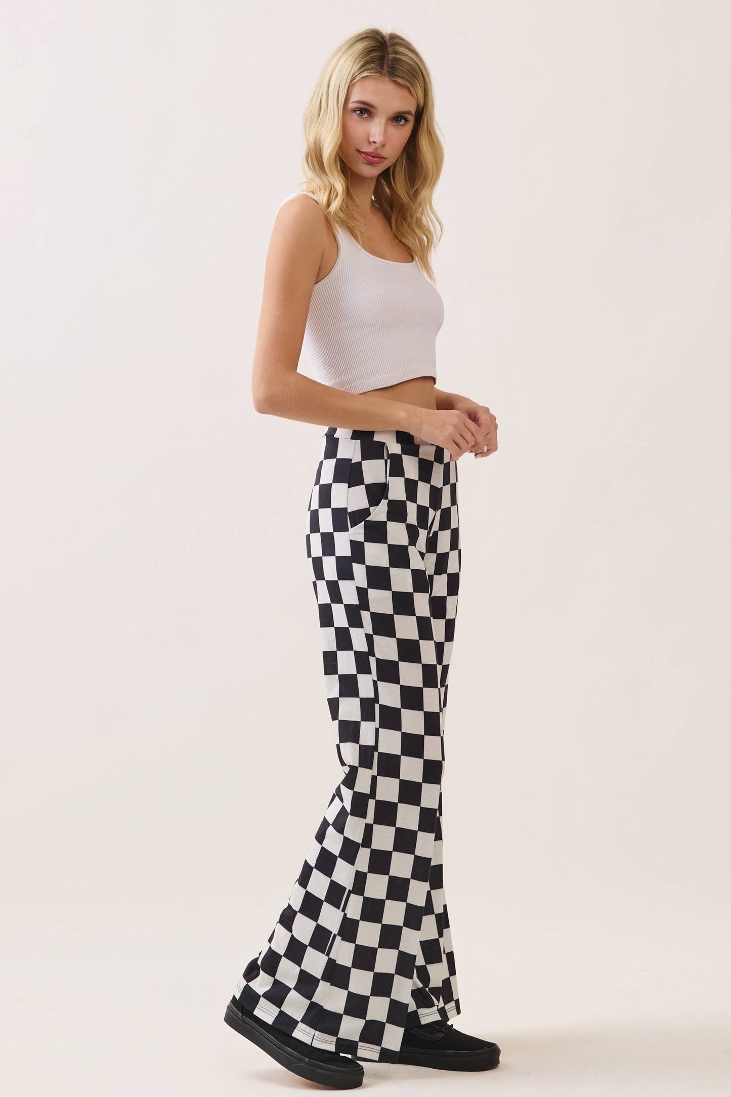 White and Black Checkered Flared Pants