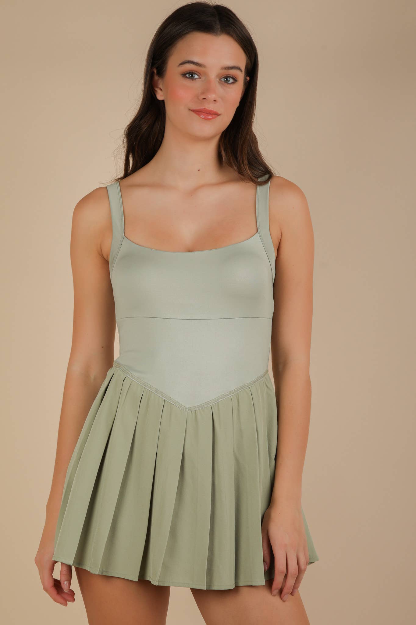Sage Pleated Skirt Activewear Dress with Shorts