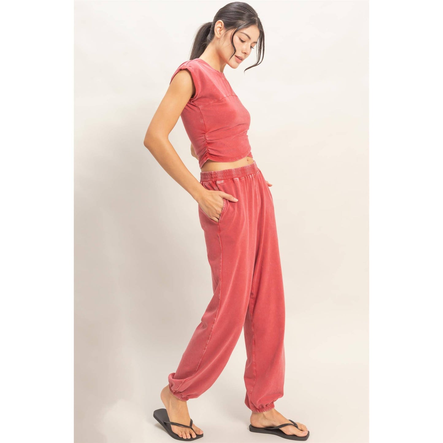 Rolled Sleeve Wrap-Front Crop Top And Jogger Set