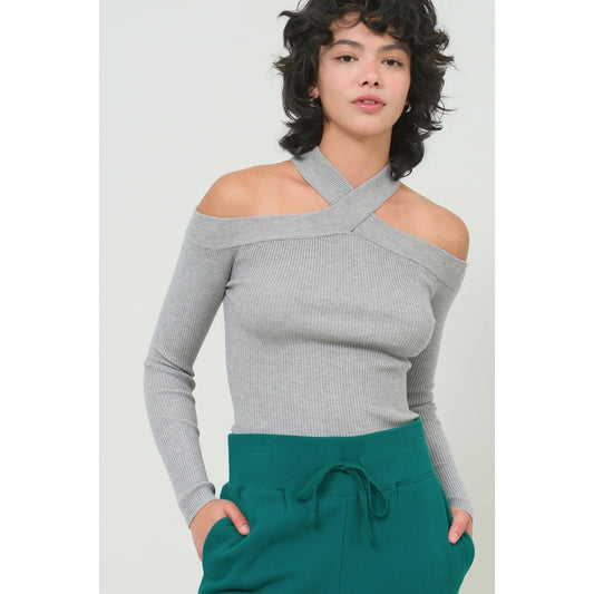 Heather Gray Ribbed Knit Halter Off the Shoulder Top