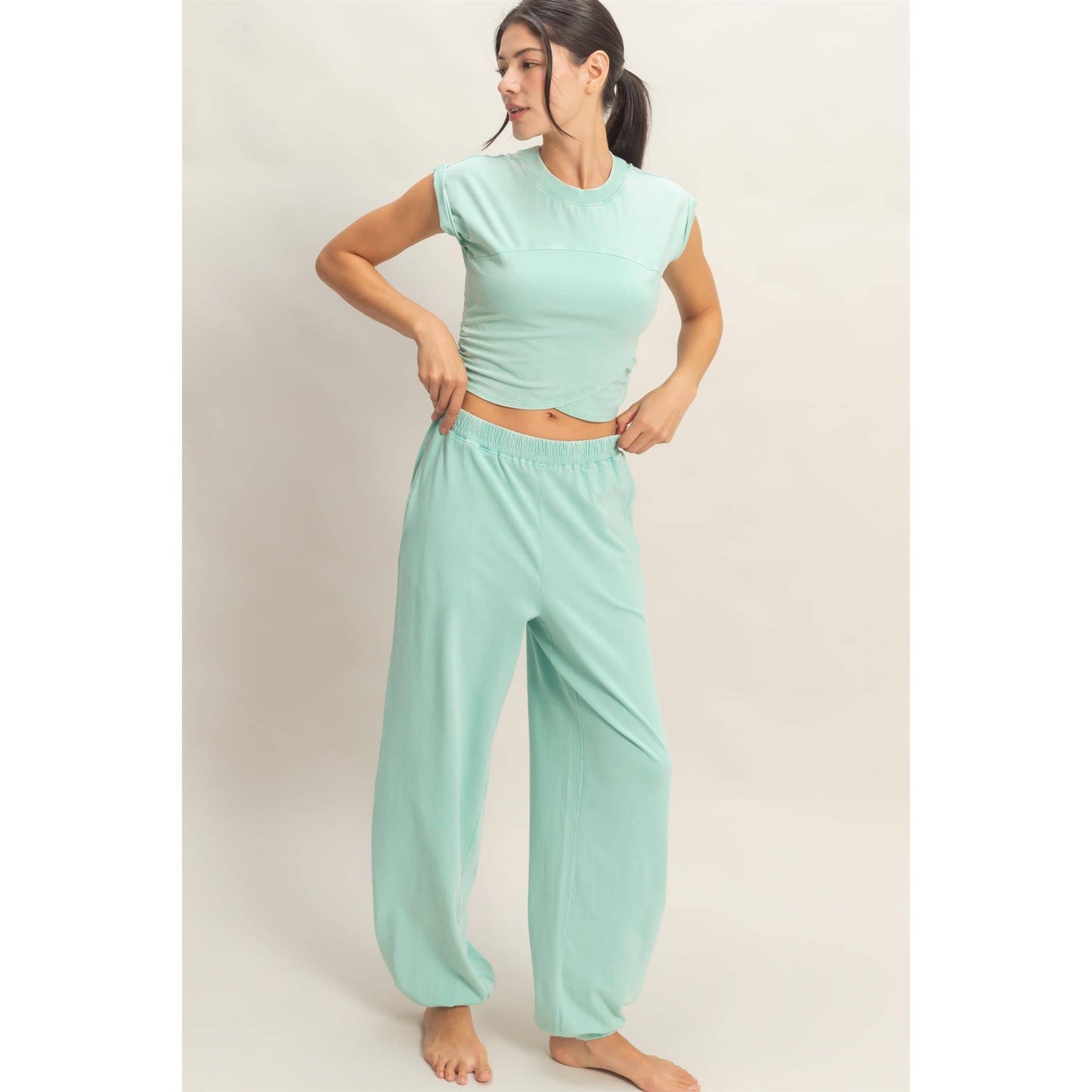 Rolled Sleeve Wrap-Front Crop Top And Jogger Set