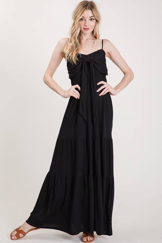 Black Front Tie Knot Spaghetti Strap Tiered Maxi Dress