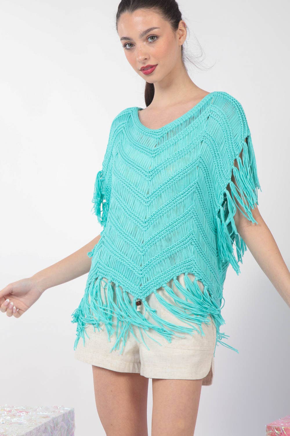 12W3006N-Fringe Detail Oversized Sweater Top