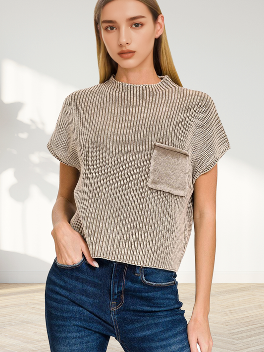 Washed Mock Neck Short Sleeve Sweater