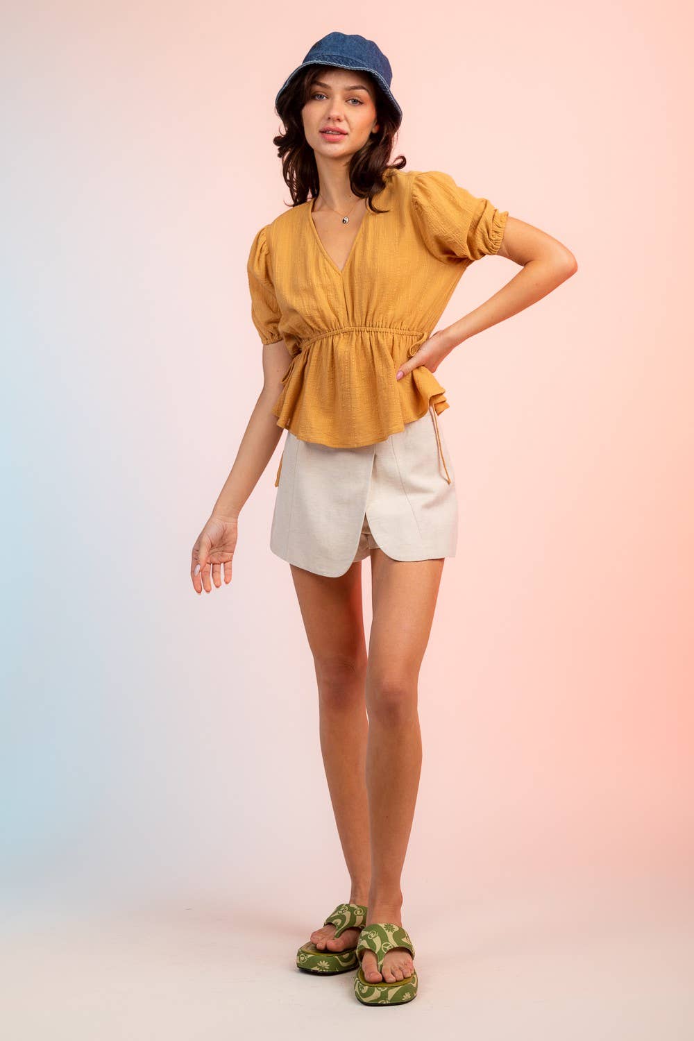 Crinkled V Neck Peplum Blouse