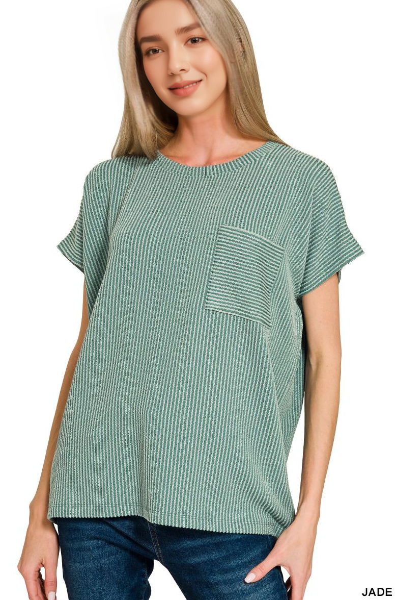 `Raised Rib Front Pocket Boxy Top Zenana