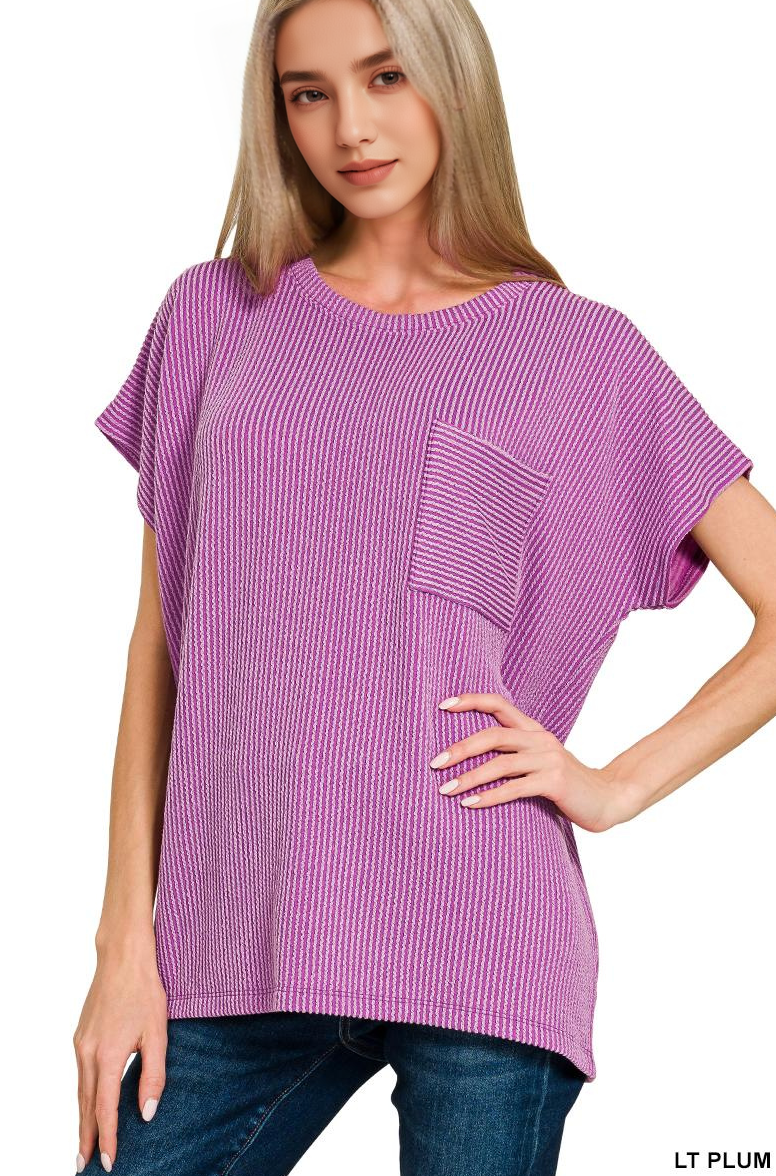 `Raised Rib Front Pocket Boxy Top Zenana