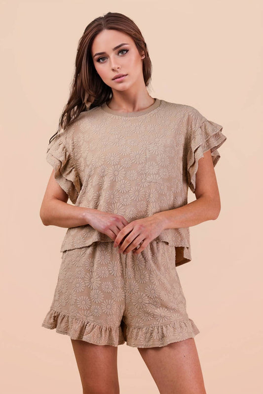Floral Textured Ruffled Knit Top & Shorts Set