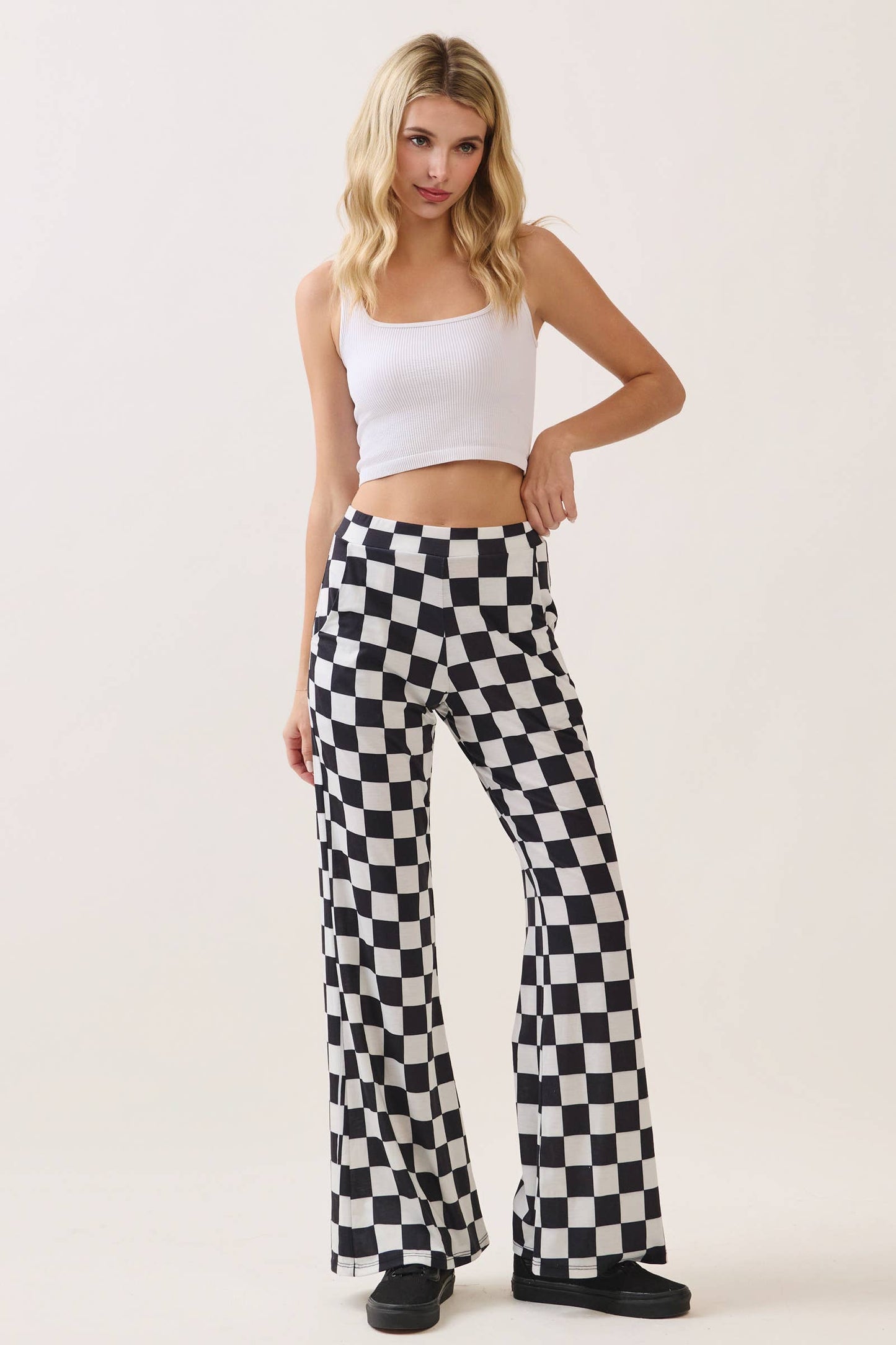 White and Black Checkered Flared Pants