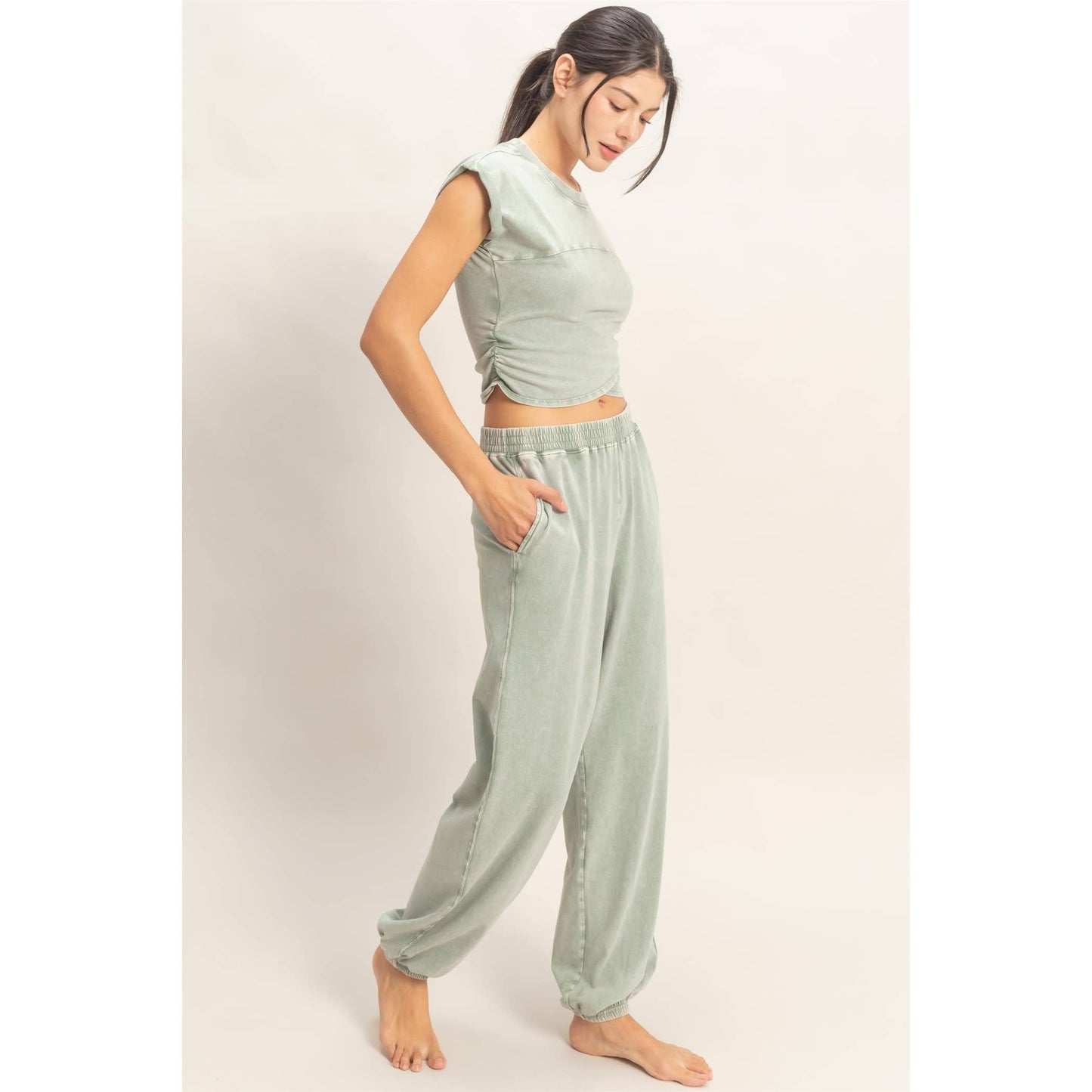Rolled Sleeve Wrap-Front Crop Top And Jogger Set