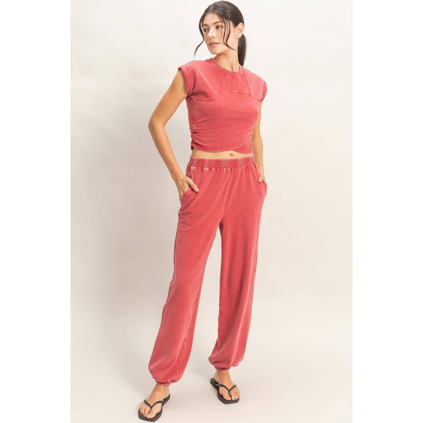 Rolled Sleeve Wrap-Front Crop Top And Jogger Set