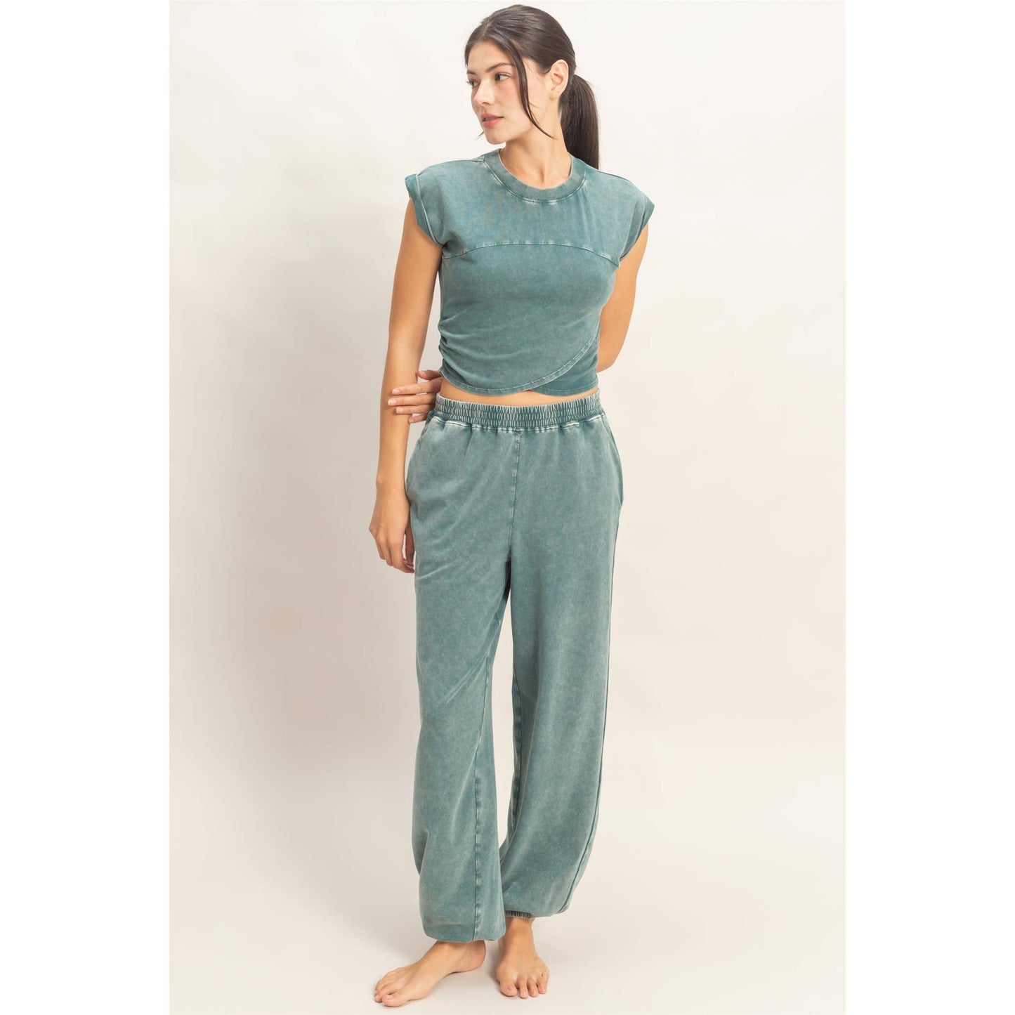 Rolled Sleeve Wrap-Front Crop Top And Jogger Set