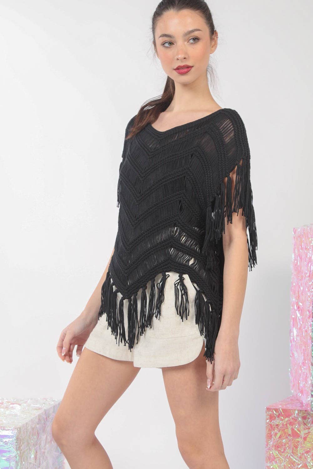 12W3006N-Fringe Detail Oversized Sweater Top