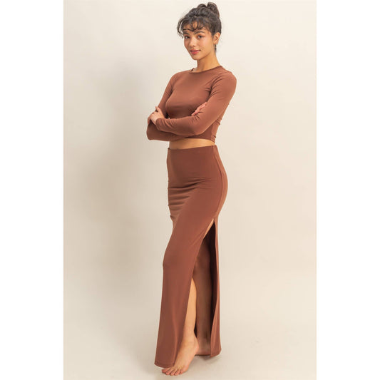 Long Sleeve Crop Top And High Slit Maxi Skirt Set