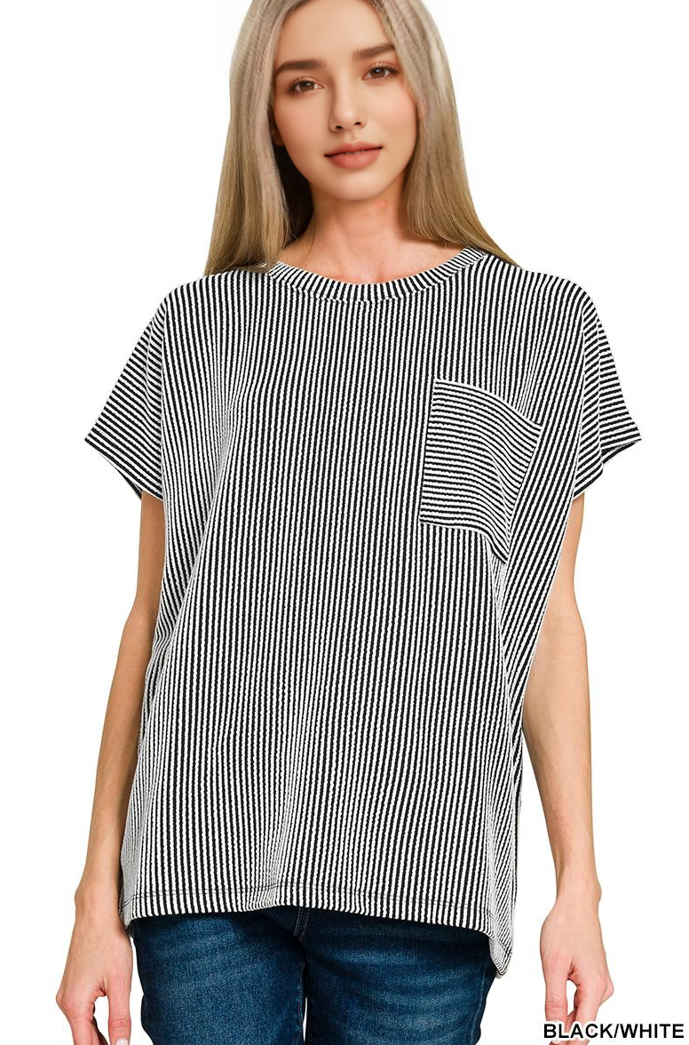 `Raised Rib Front Pocket Boxy Top Zenana