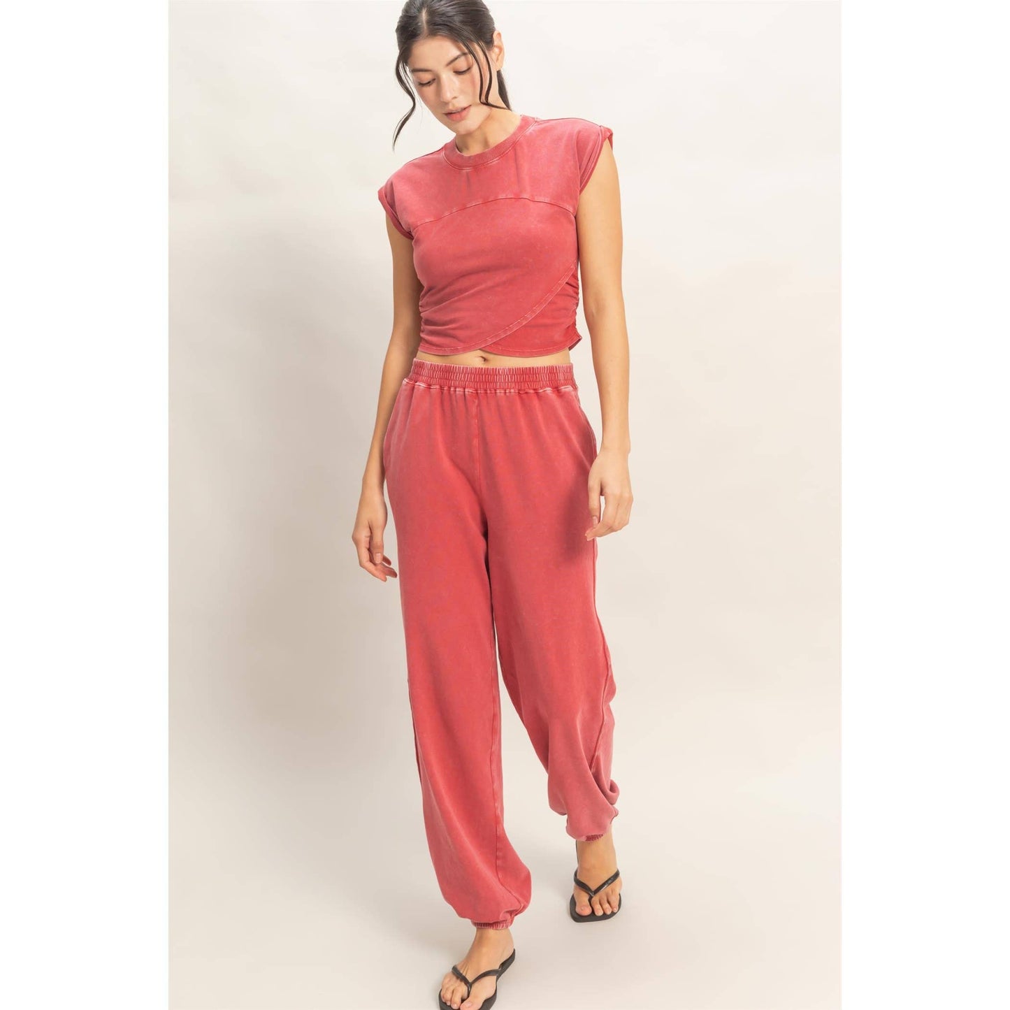 Rolled Sleeve Wrap-Front Crop Top And Jogger Set