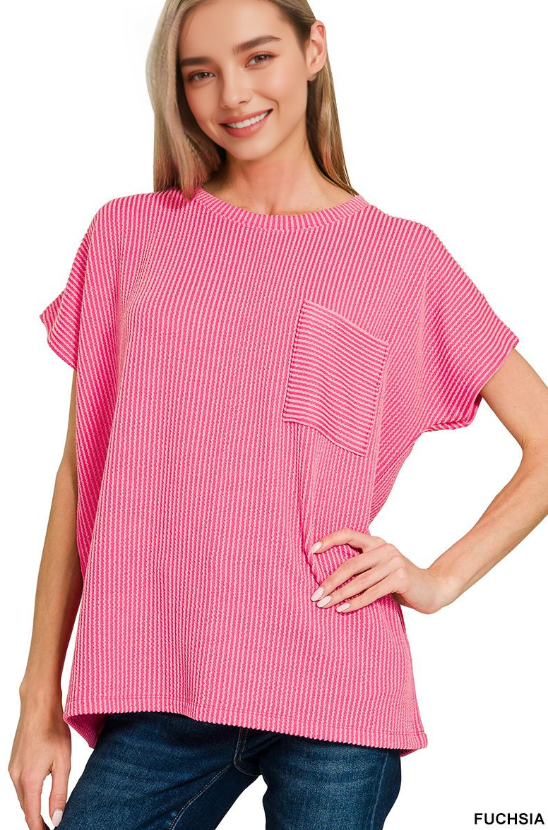 `Raised Rib Front Pocket Boxy Top Zenana