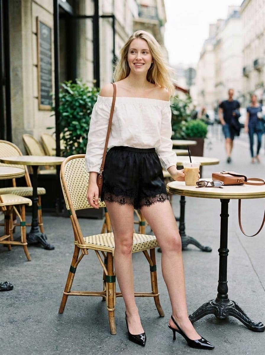 Waistband Lace Trim Satin Shorts