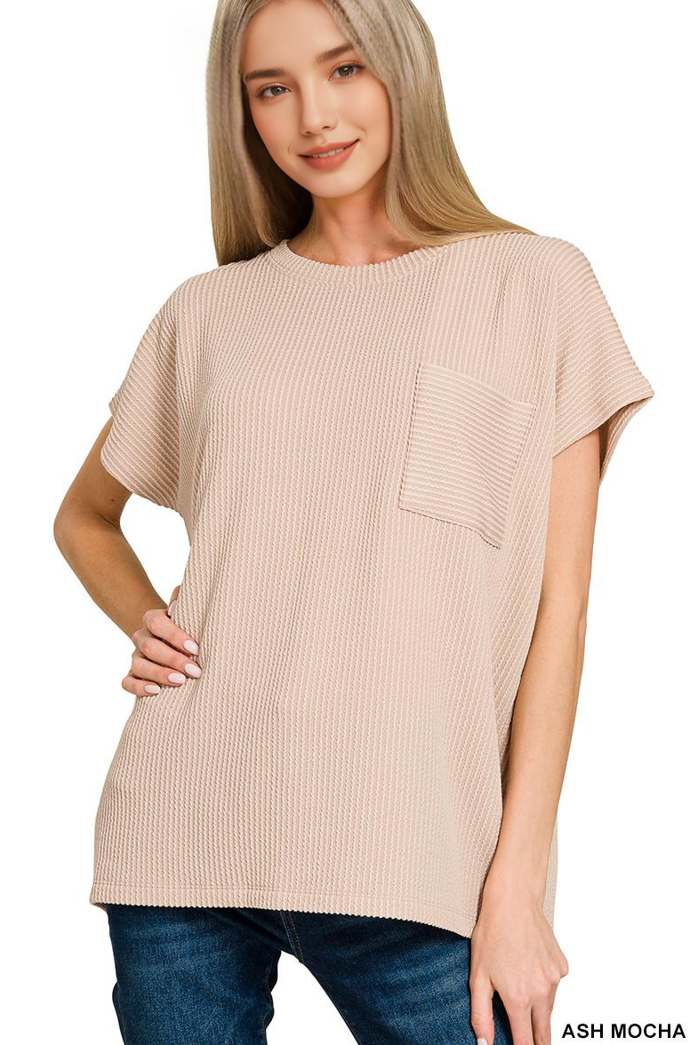 `Raised Rib Front Pocket Boxy Top Zenana